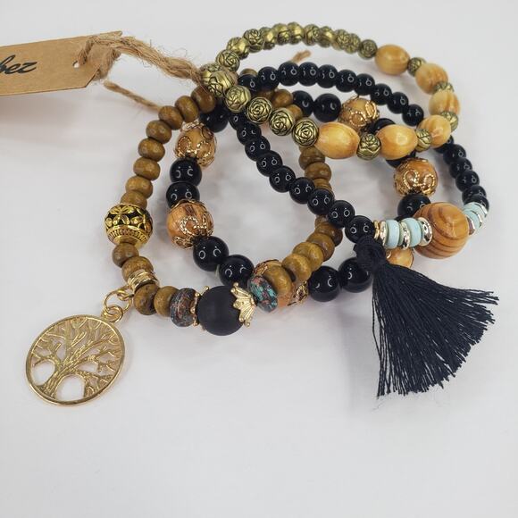 Black Beaded Boho Stretch Bracelet 4 pc Tree of Life Charm Bohemian One Size - Picture 3 of 9